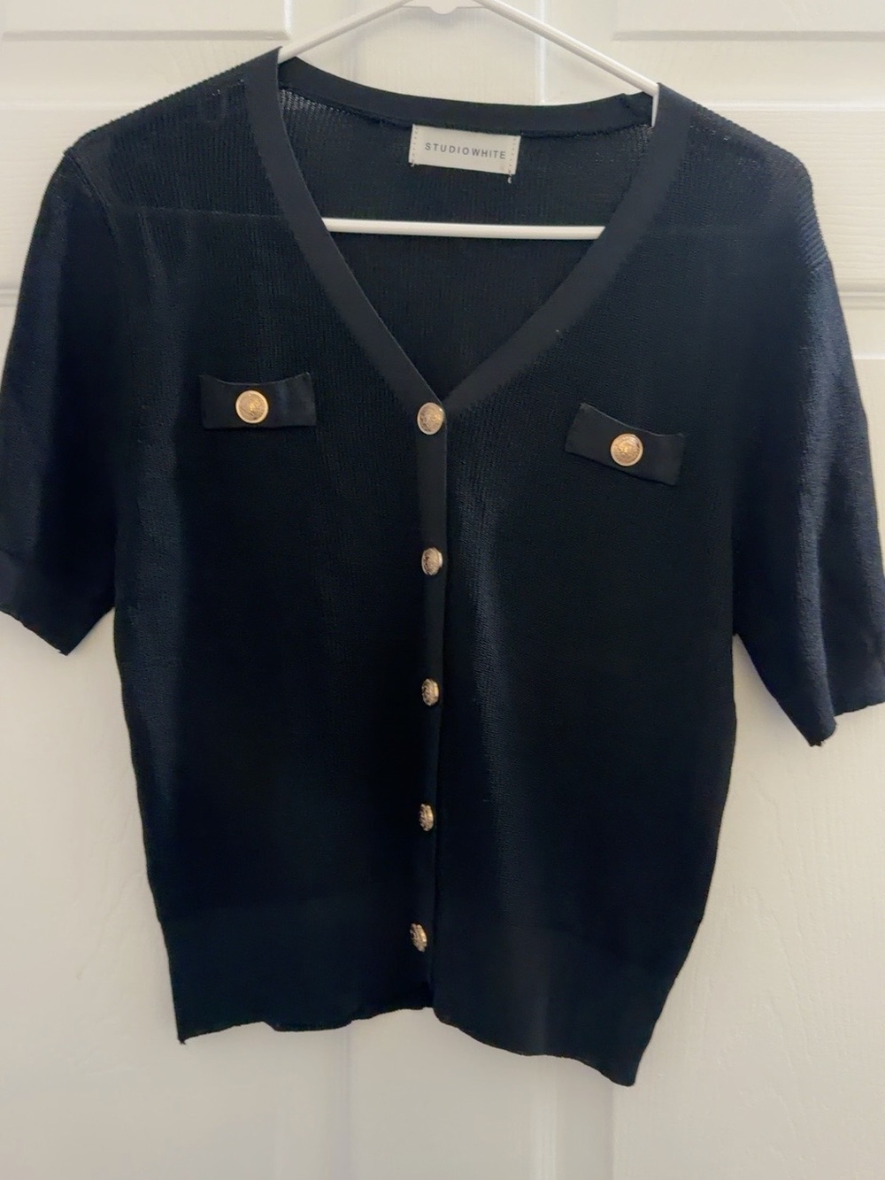 Black Short-Sleeve V-Neck Cardigan Sweater